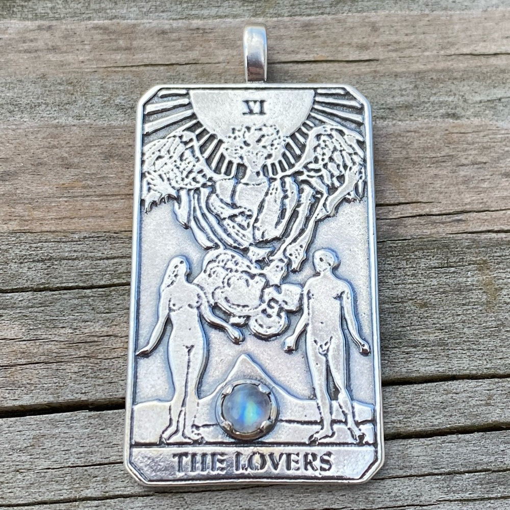 Lovers Tarot Pendant .925 Sterling Silver w/ genuine Rainbow Moonstone USA